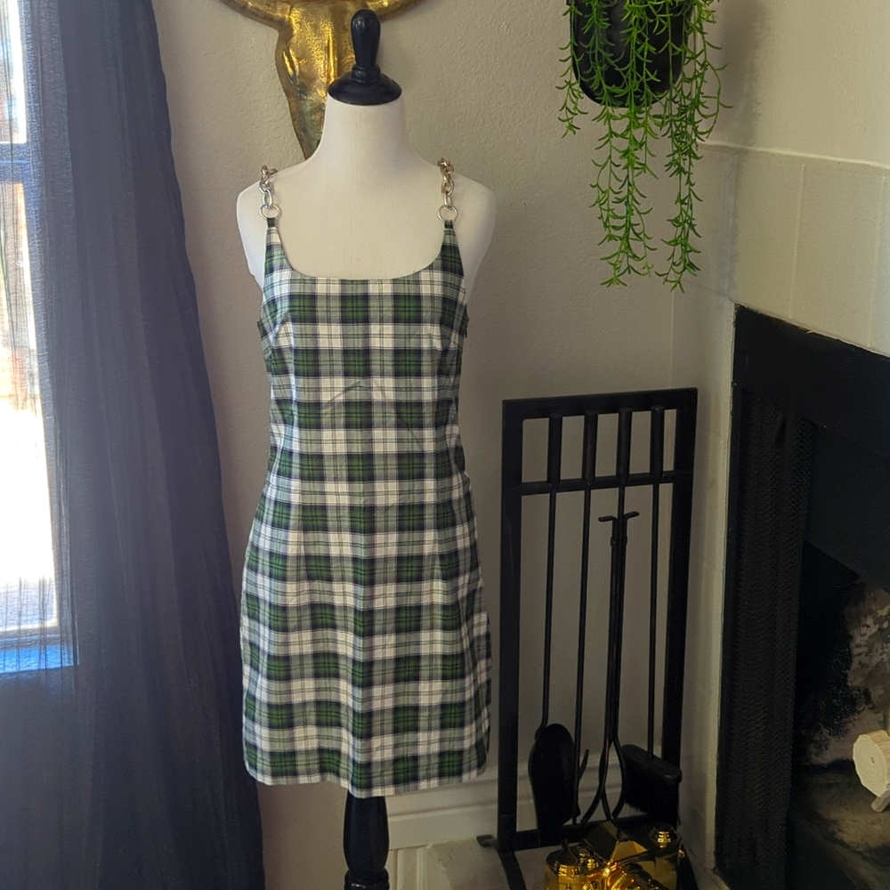 The Ragged Priest Green and White Plaid Chain-Strap Mini Dress